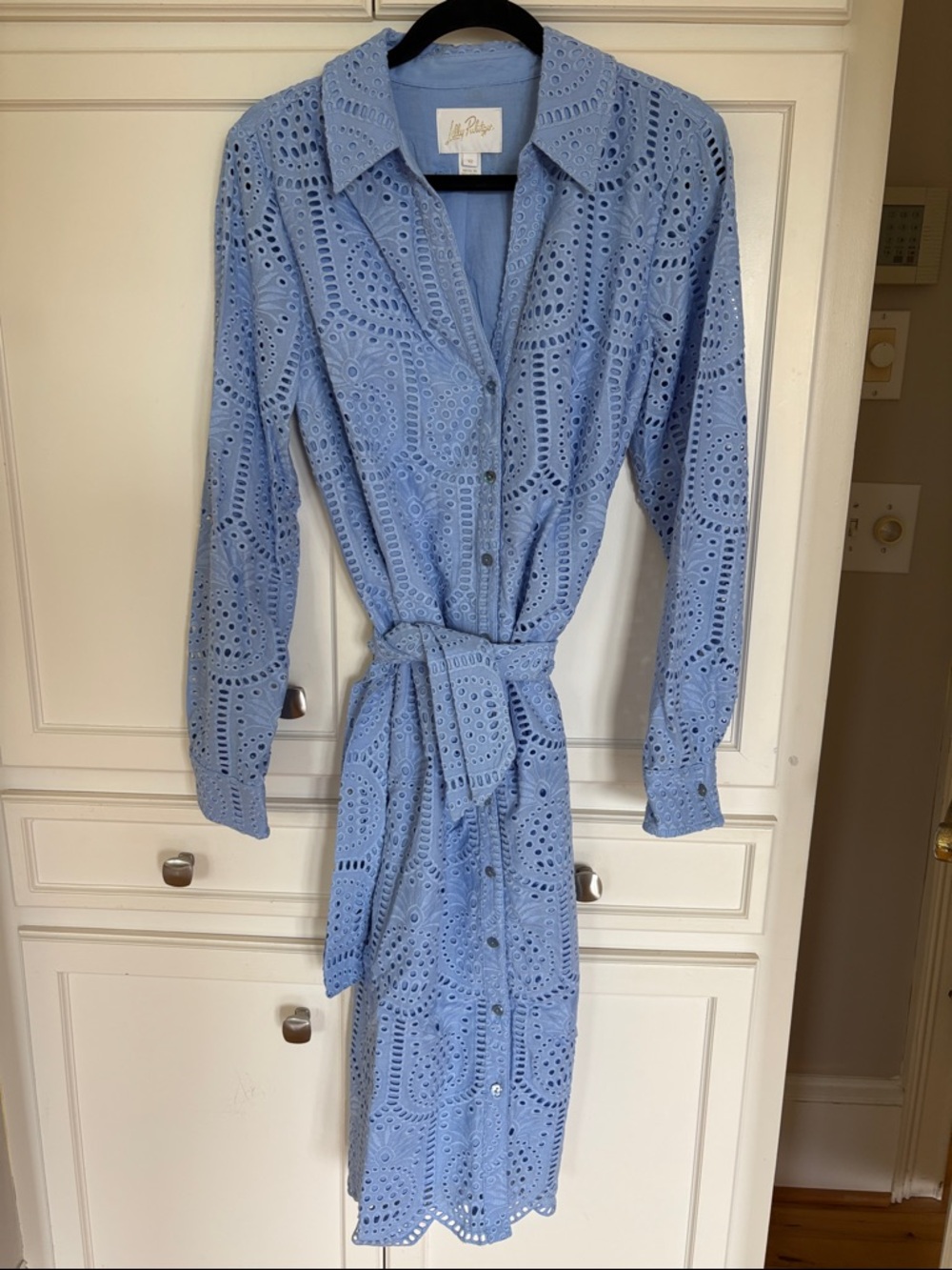 LILLY PULITZER Blue Eyelet Long-Sleeve Shirt Dress Size 12